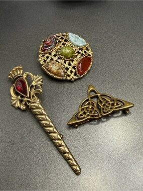 Vintage Miracle Gold-Tone Celtic Knot and Multistone Brooch Set #24cel